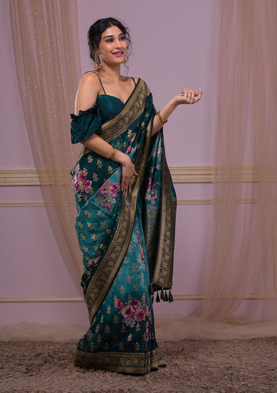 Peacock Blue Stone Work Raw Silk Designer Saree-Koskii