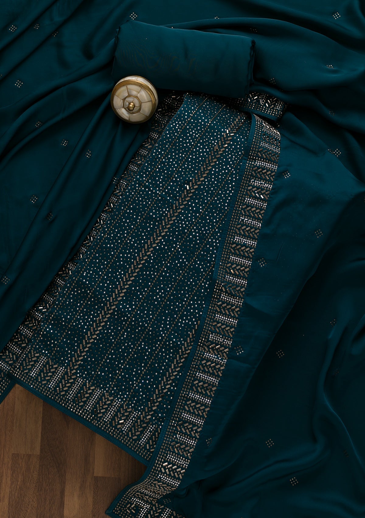Peacock Blue Swarovski Satin Unstitched Salwar Suit-Koskii