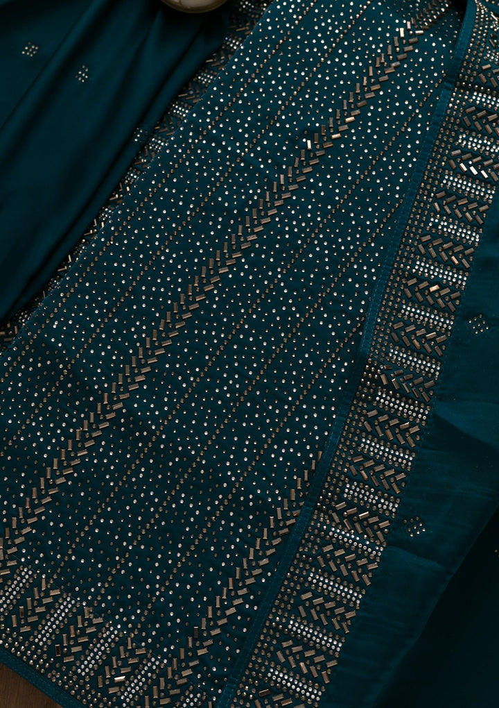 Peacock Blue Swarovski Satin Unstitched Salwar Suit-Koskii