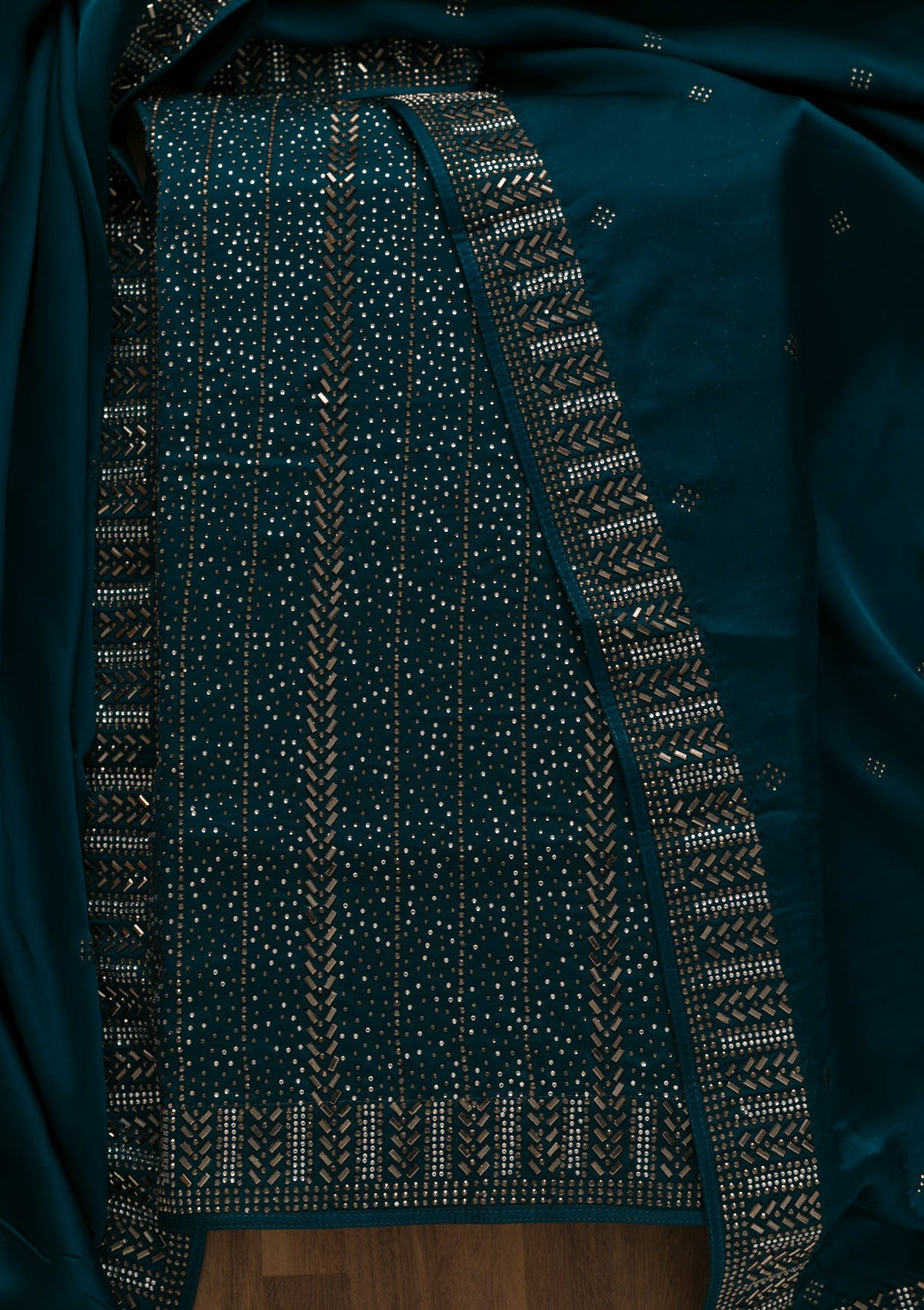 Peacock Blue Swarovski Satin Unstitched Salwar Suit-Koskii