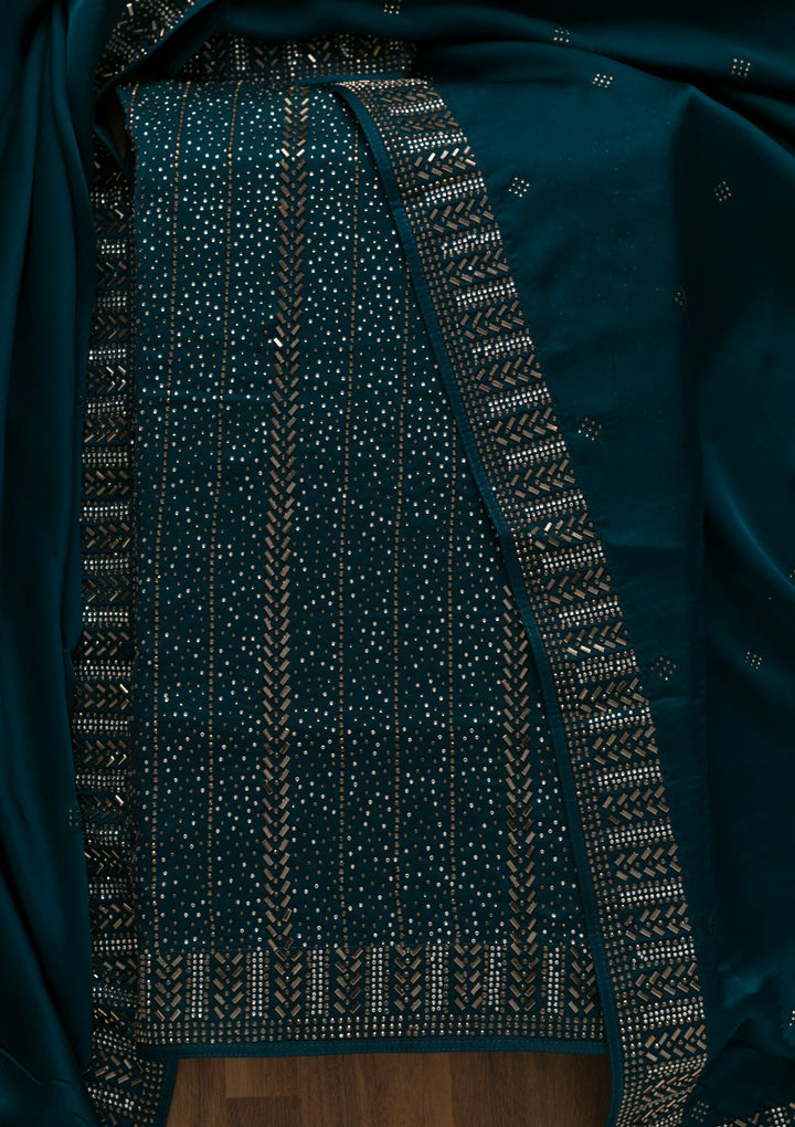 Peacock Blue Swarovski Satin Unstitched Salwar Suit-Koskii