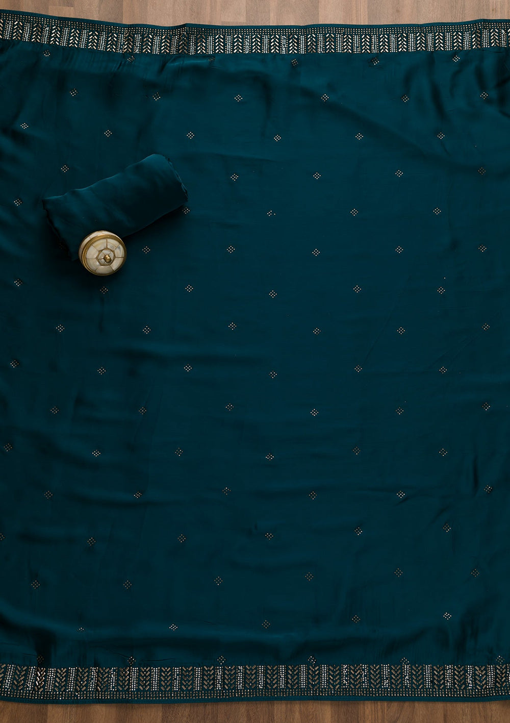 Peacock Blue Swarovski Satin Unstitched Salwar Suit-Koskii