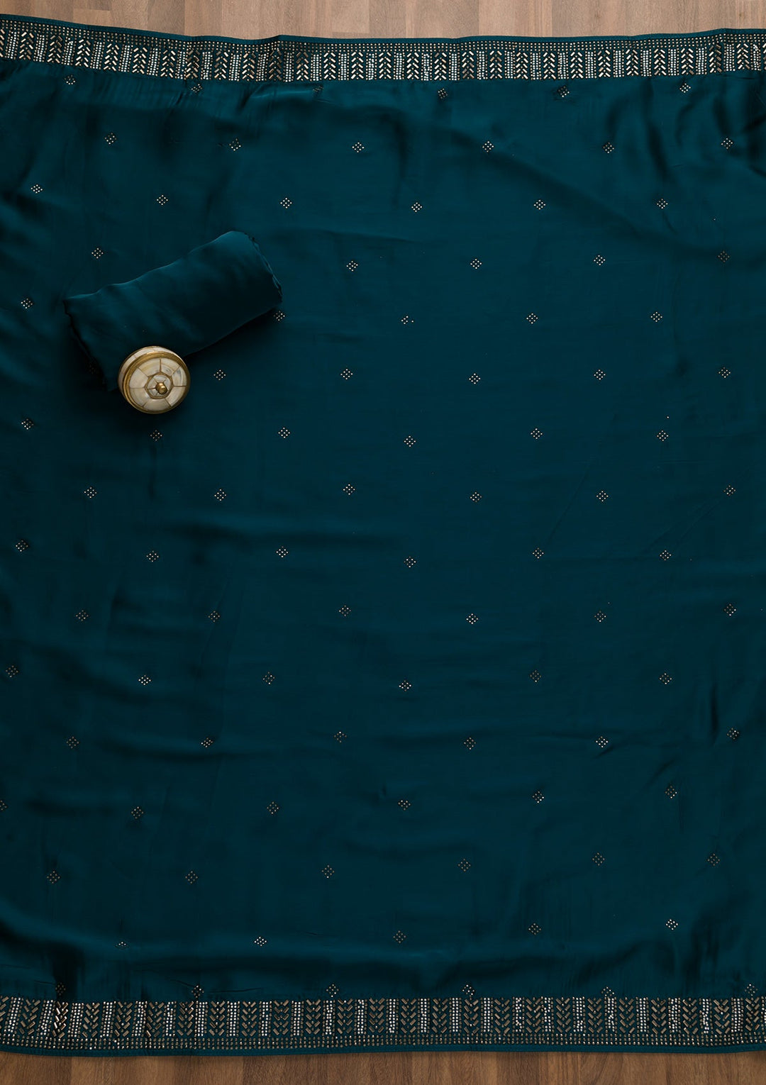 Peacock Blue Swarovski Satin Unstitched Salwar Suit-Koskii