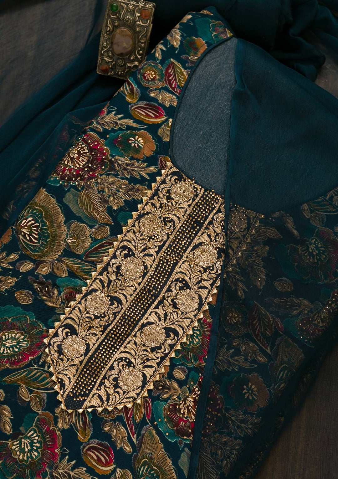 Peacock Blue Swarovski Semi Crepe Unstitched Salwar Kameez-Koskii