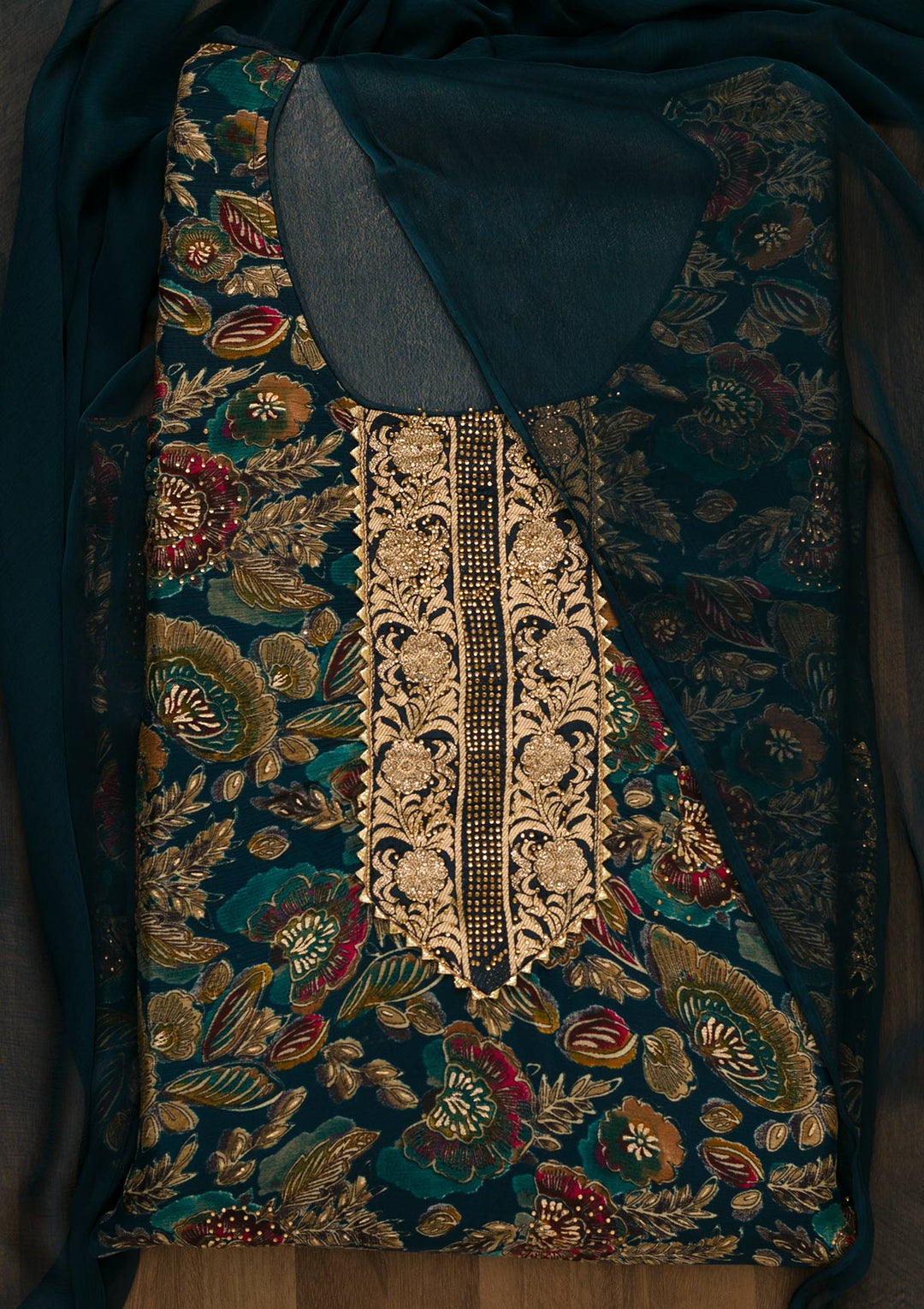 Peacock Blue Swarovski Semi Crepe Unstitched Salwar Kameez-Koskii