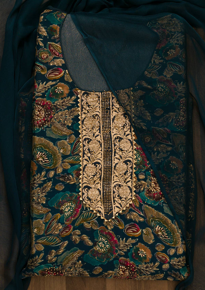 Peacock Blue Swarovski Semi Crepe Unstitched Salwar Kameez-Koskii