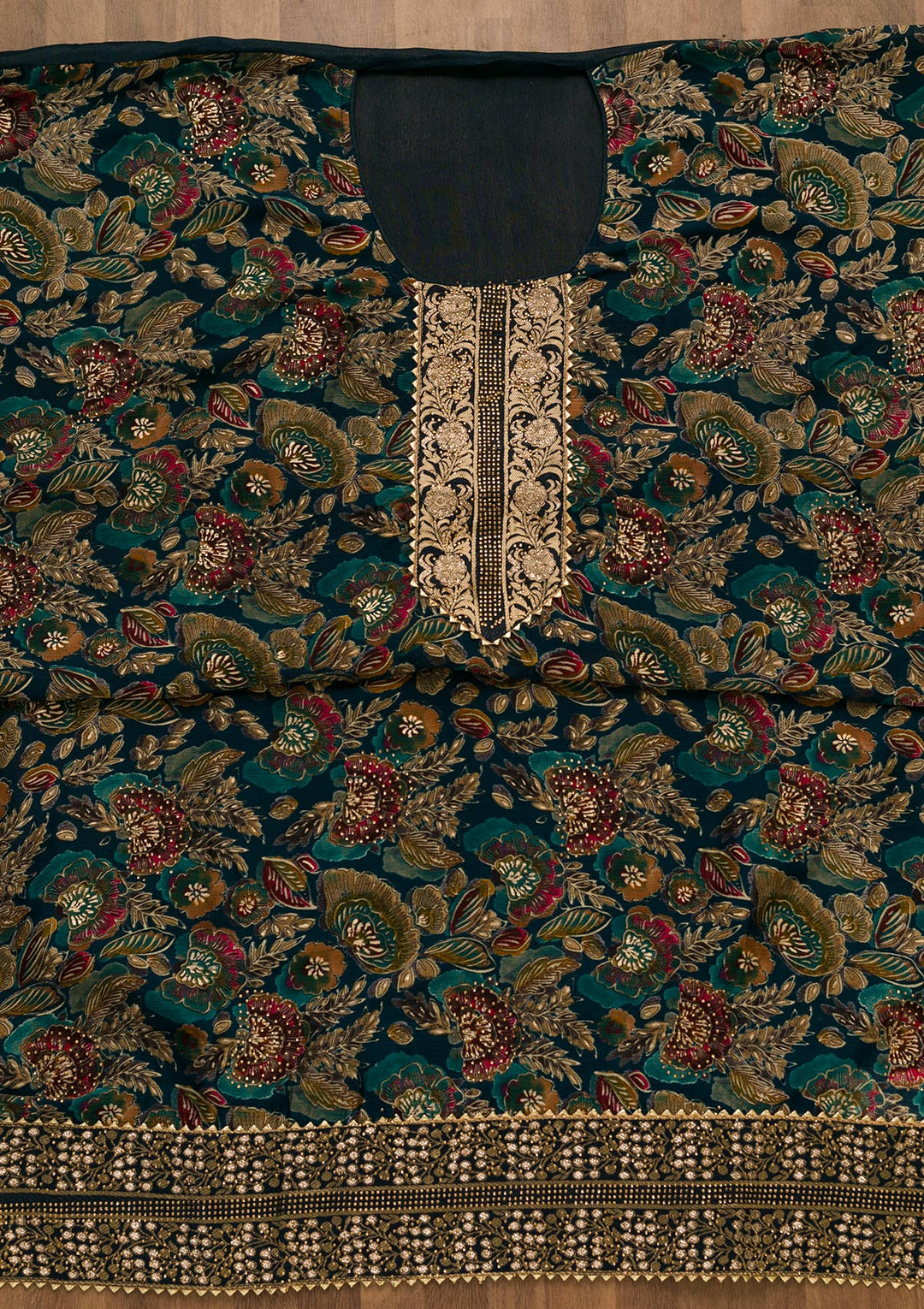 Peacock Blue Swarovski Semi Crepe Unstitched Salwar Kameez-Koskii