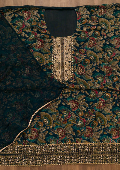 Peacock Blue Swarovski Semi Crepe Unstitched Salwar Kameez-Koskii