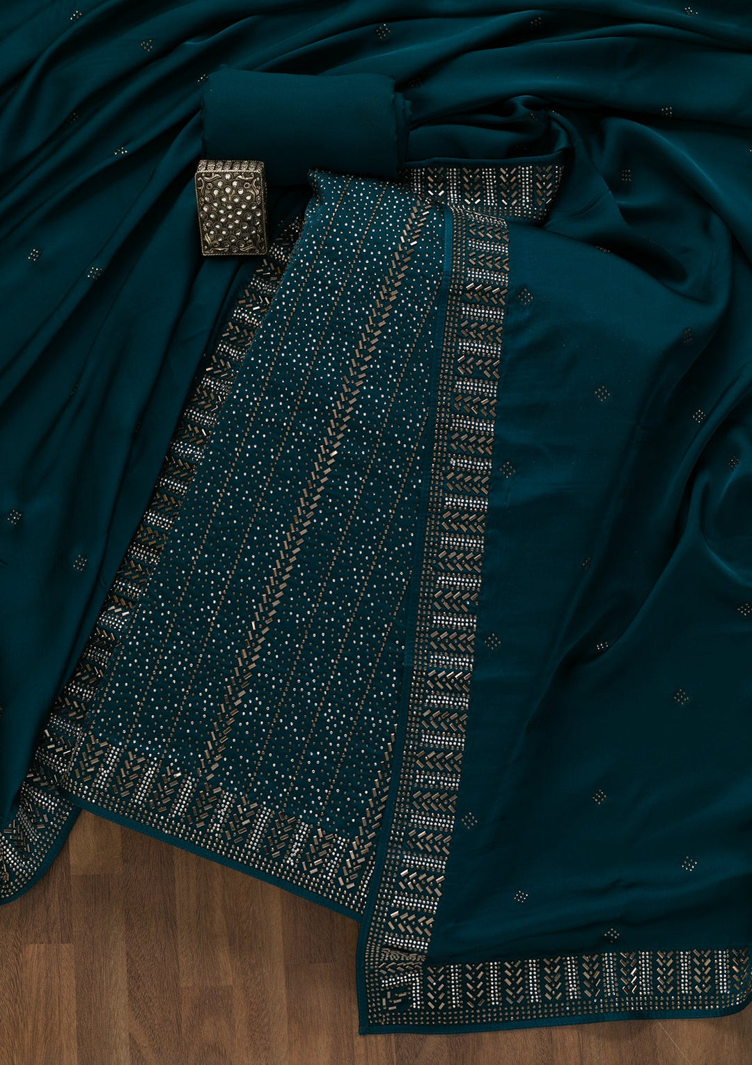 Peacock Blue Swarovski Semi Crepe Unstitched Salwar Kameez-Koskii