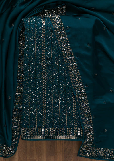 Peacock Blue Swarovski Semi Crepe Unstitched Salwar Kameez-Koskii