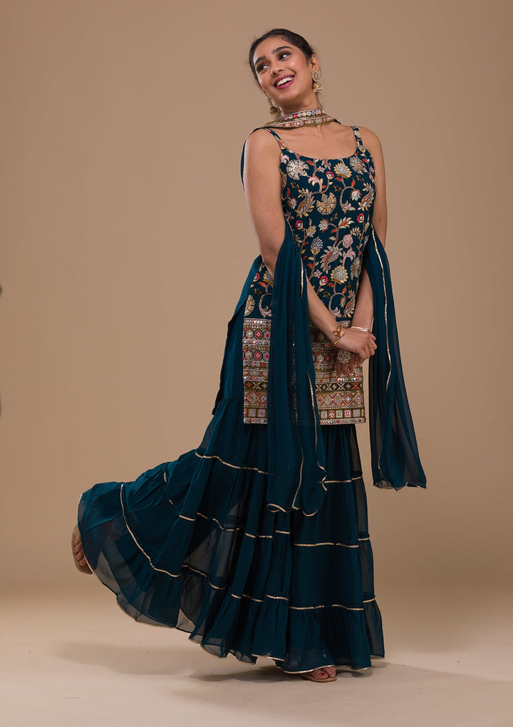 Peacock Blue Threadwork Georgette Readymade Salwar Kameez-Koskii