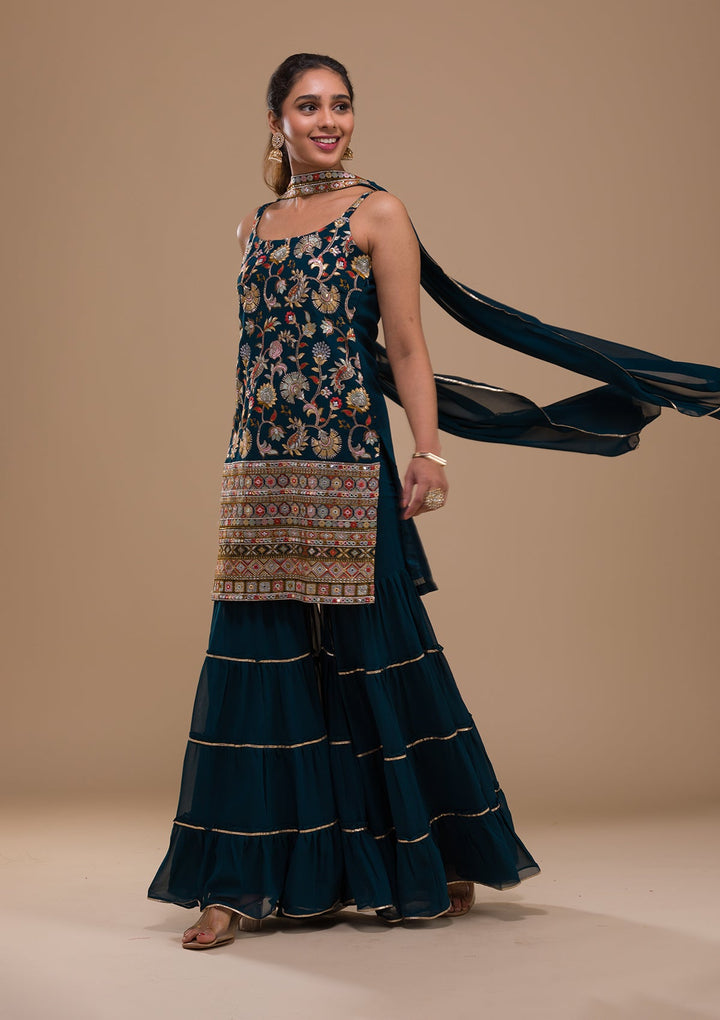 Peacock Blue Threadwork Georgette Readymade Salwar Kameez-Koskii