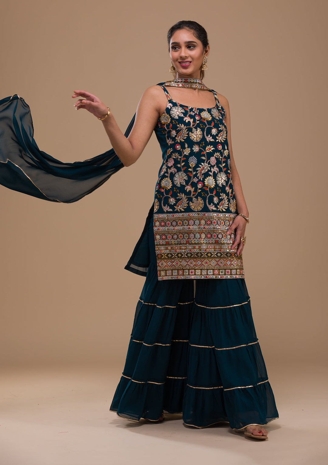 Peacock Blue Threadwork Georgette Readymade Salwar Kameez-Koskii