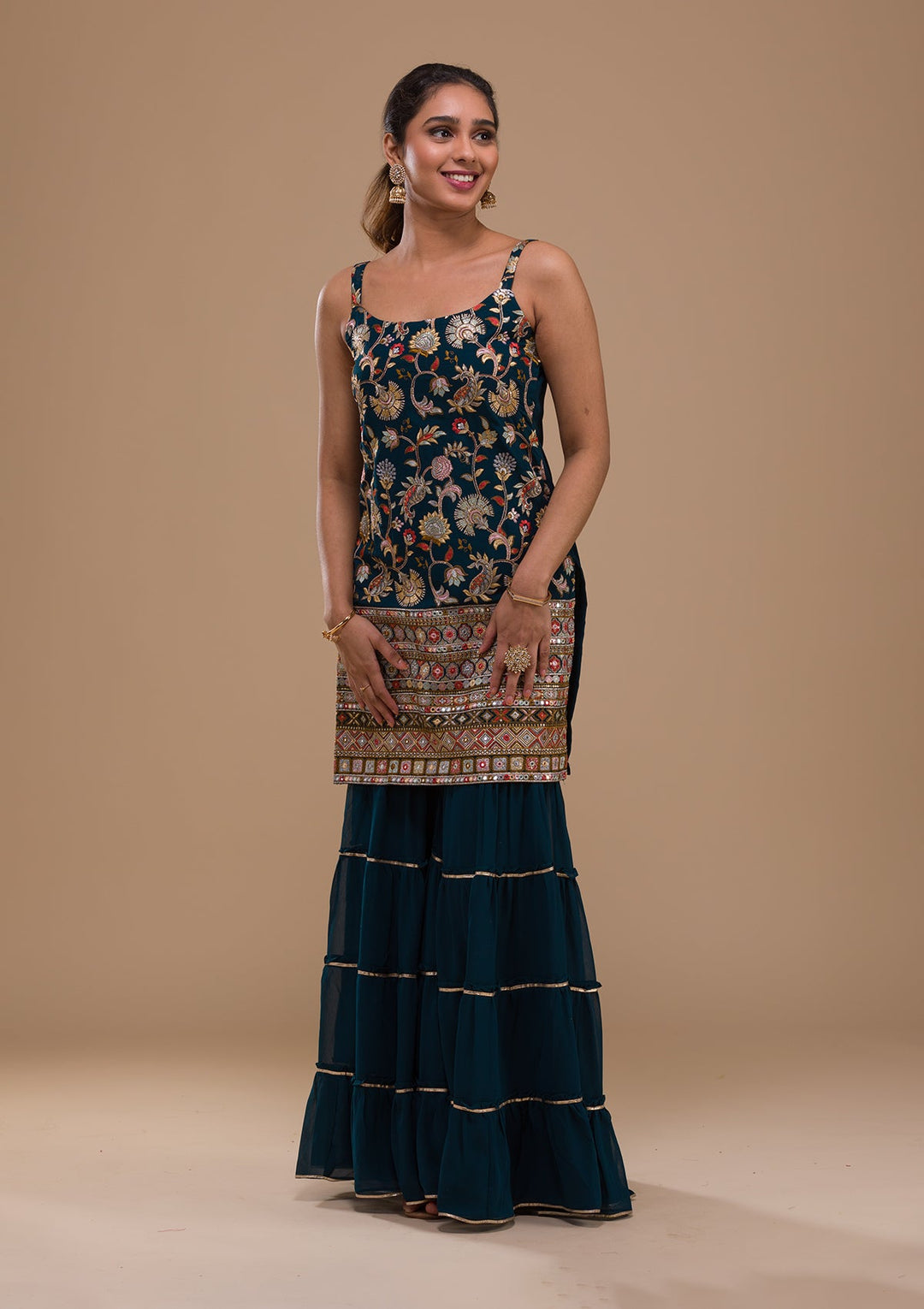 Peacock Blue Threadwork Georgette Readymade Salwar Kameez-Koskii