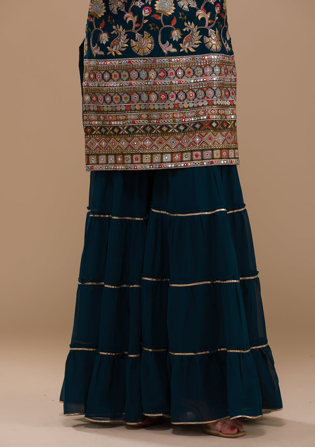 Peacock Blue Threadwork Georgette Readymade Salwar Kameez-Koskii