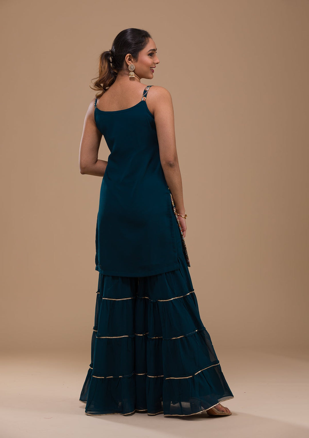 Peacock Blue Threadwork Georgette Readymade Salwar Kameez-Koskii