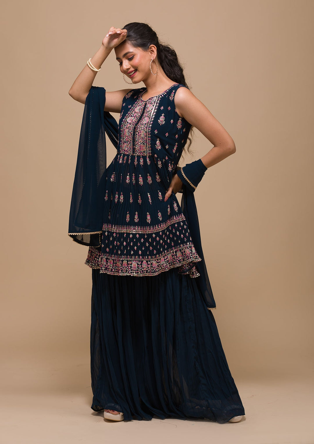 Peacock Blue Threadwork Georgette Readymade Salwar Kameez-Koskii