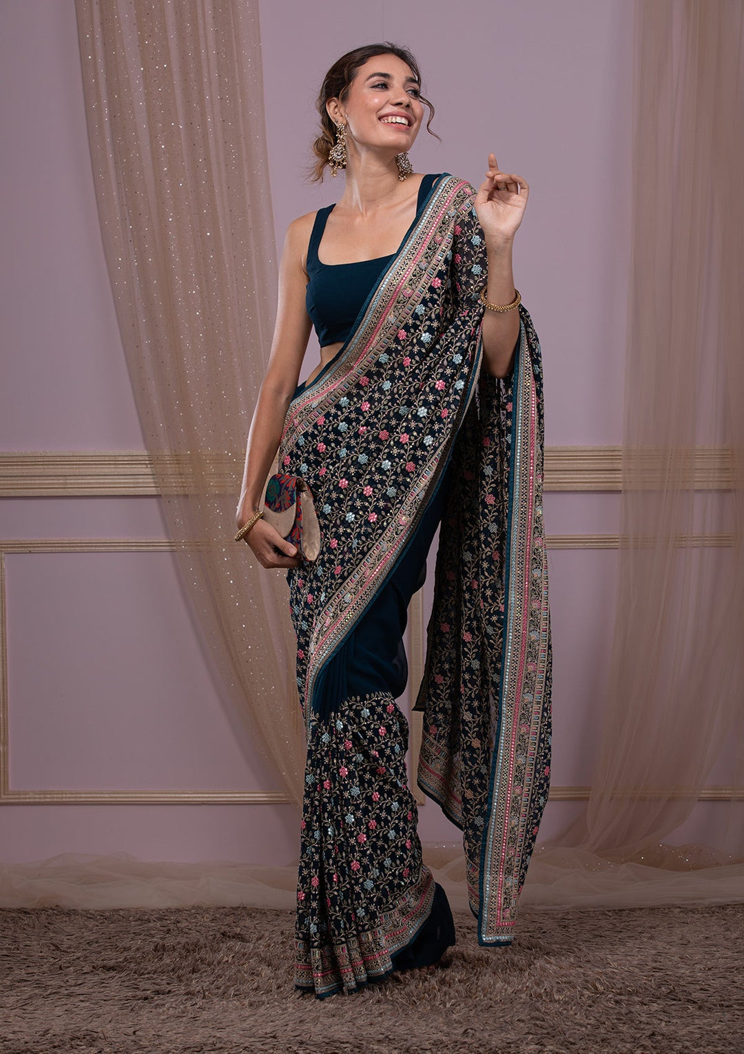 Peacock Blue Threadwork Georgette Saree-Koskii