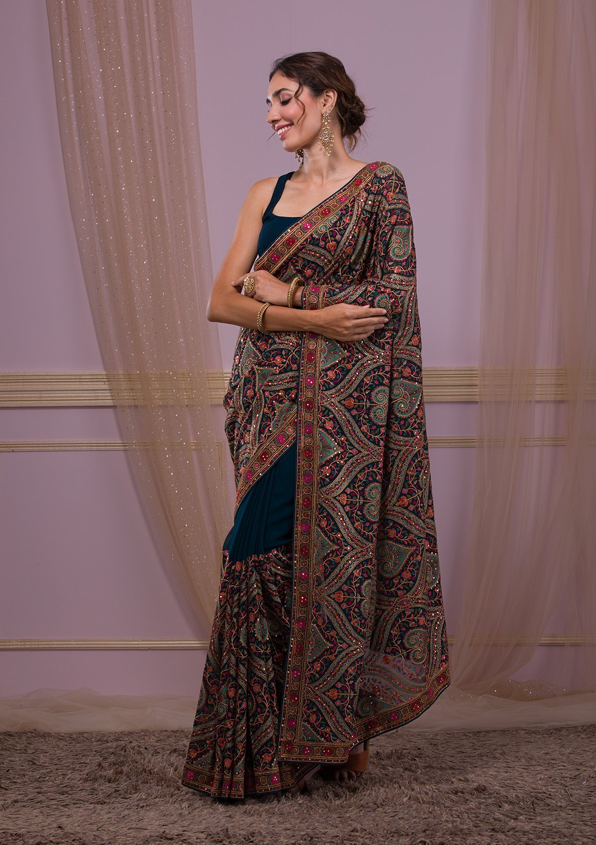 Peacock Blue Threadwork Georgette Saree-Koskii