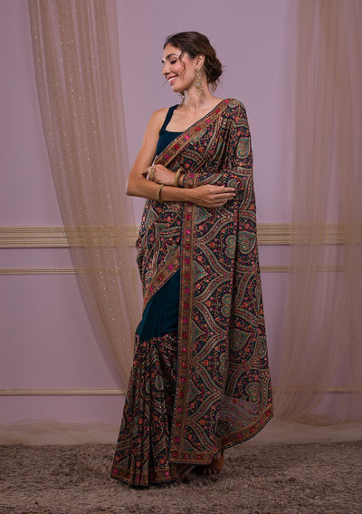 Peacock Blue Threadwork Georgette Saree-Koskii