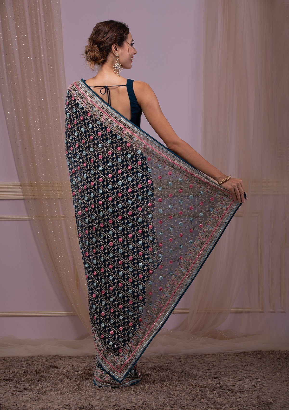 Peacock Blue Threadwork Georgette Saree-Koskii