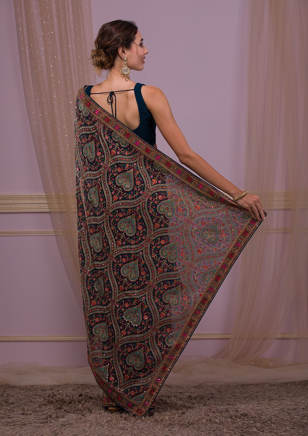 Peacock Blue Threadwork Georgette Saree-Koskii