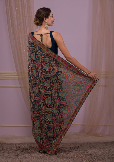 Peacock Blue Threadwork Georgette Saree-Koskii