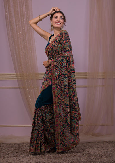 Peacock Blue Threadwork Georgette Saree-Koskii