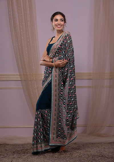 Peacock Blue Threadwork Georgette Saree-Koskii