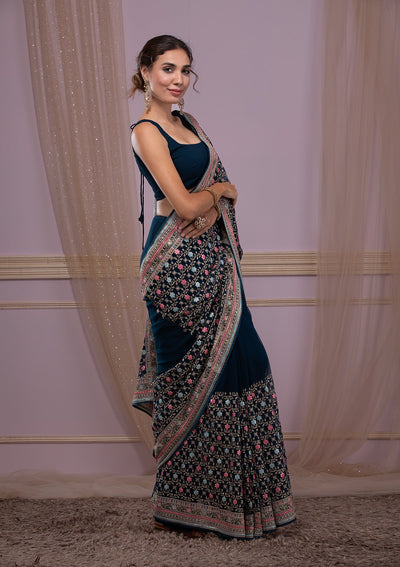 Peacock Blue Threadwork Georgette Saree-Koskii