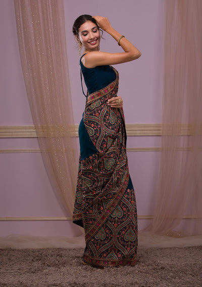 Peacock Blue Threadwork Georgette Saree-Koskii