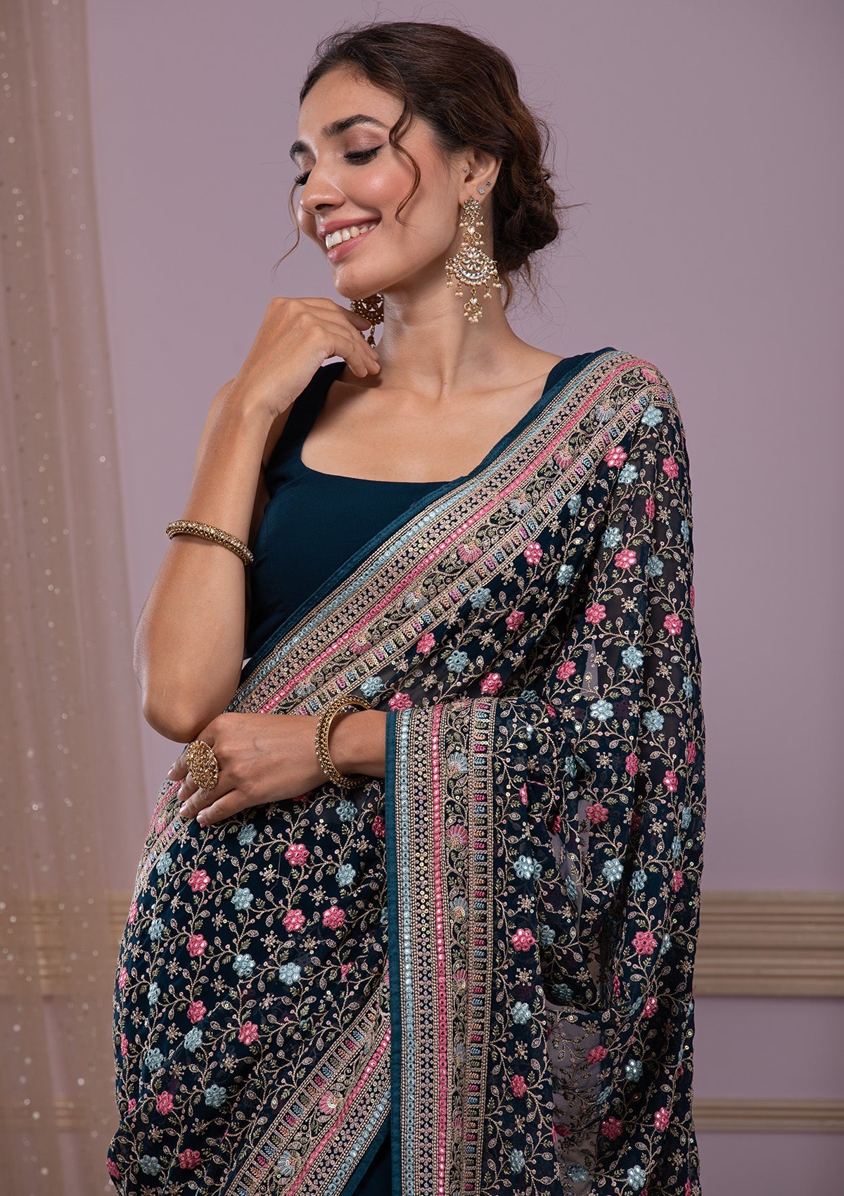 Peacock Blue Threadwork Georgette Saree-Koskii