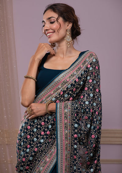 Peacock Blue Threadwork Georgette Saree-Koskii