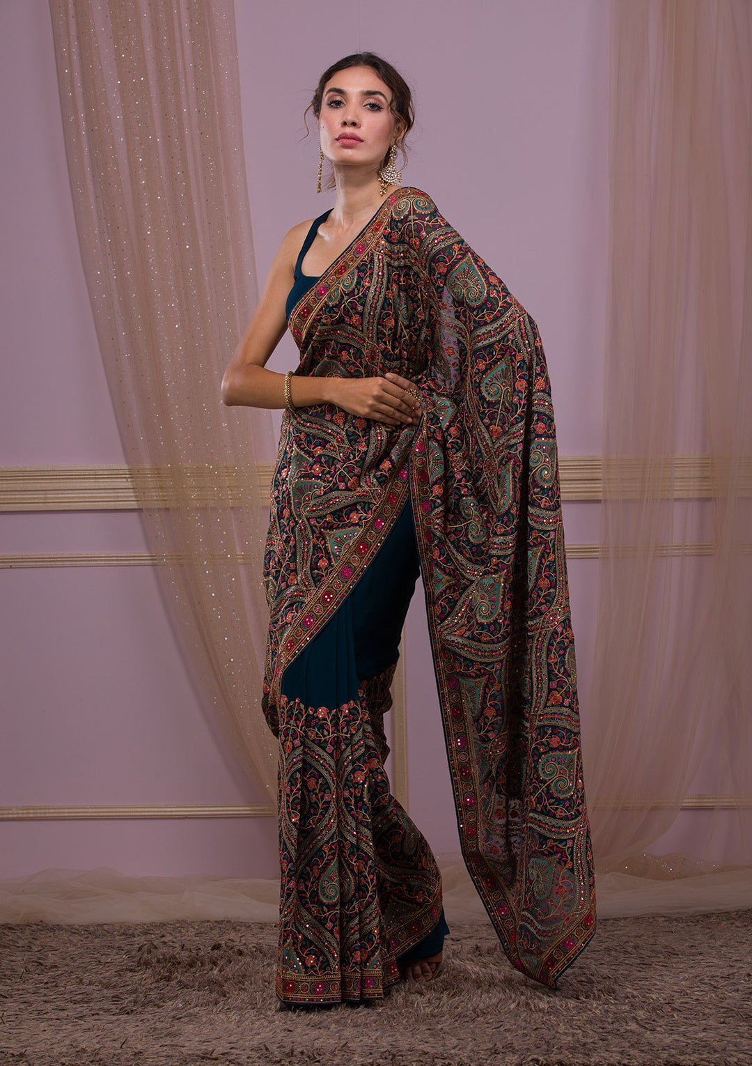 Peacock Blue Threadwork Georgette Saree-Koskii