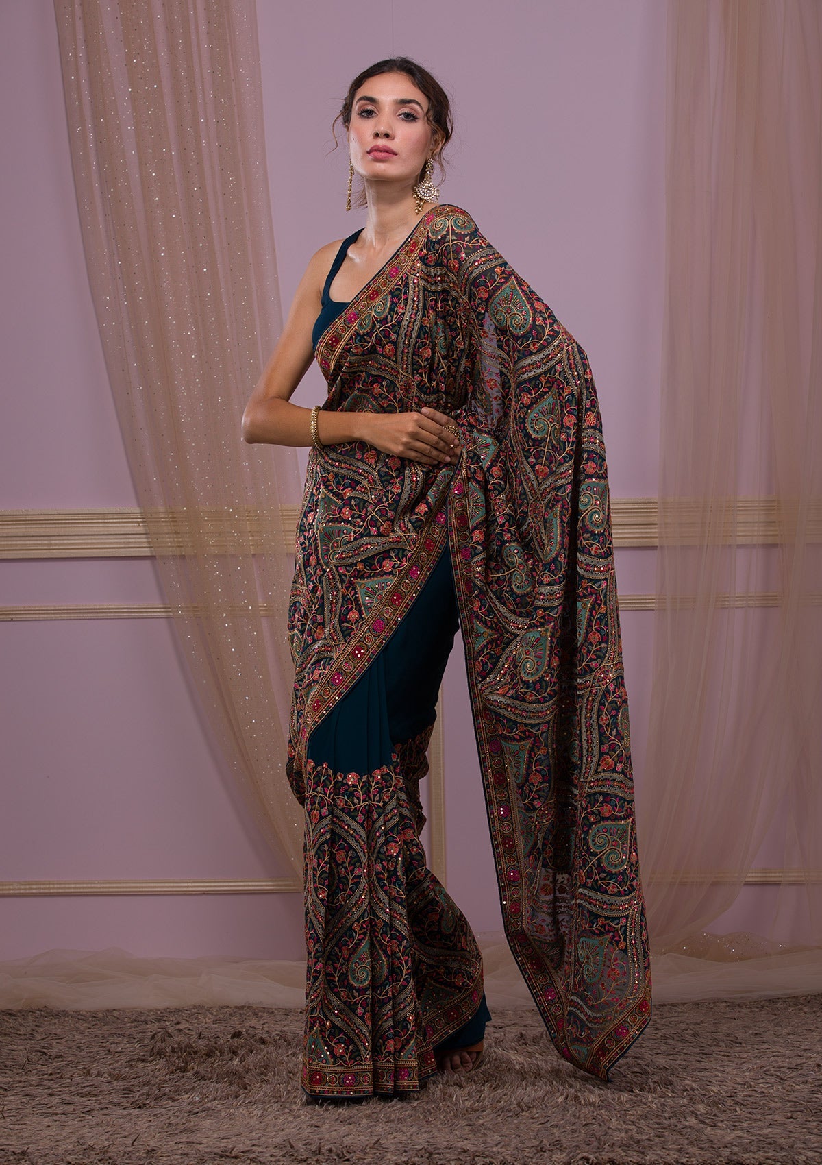 Peacock Blue Threadwork Georgette Saree-Koskii