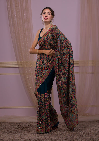 Peacock Blue Threadwork Georgette Saree-Koskii