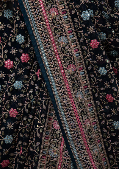 Peacock Blue Threadwork Georgette Saree-Koskii