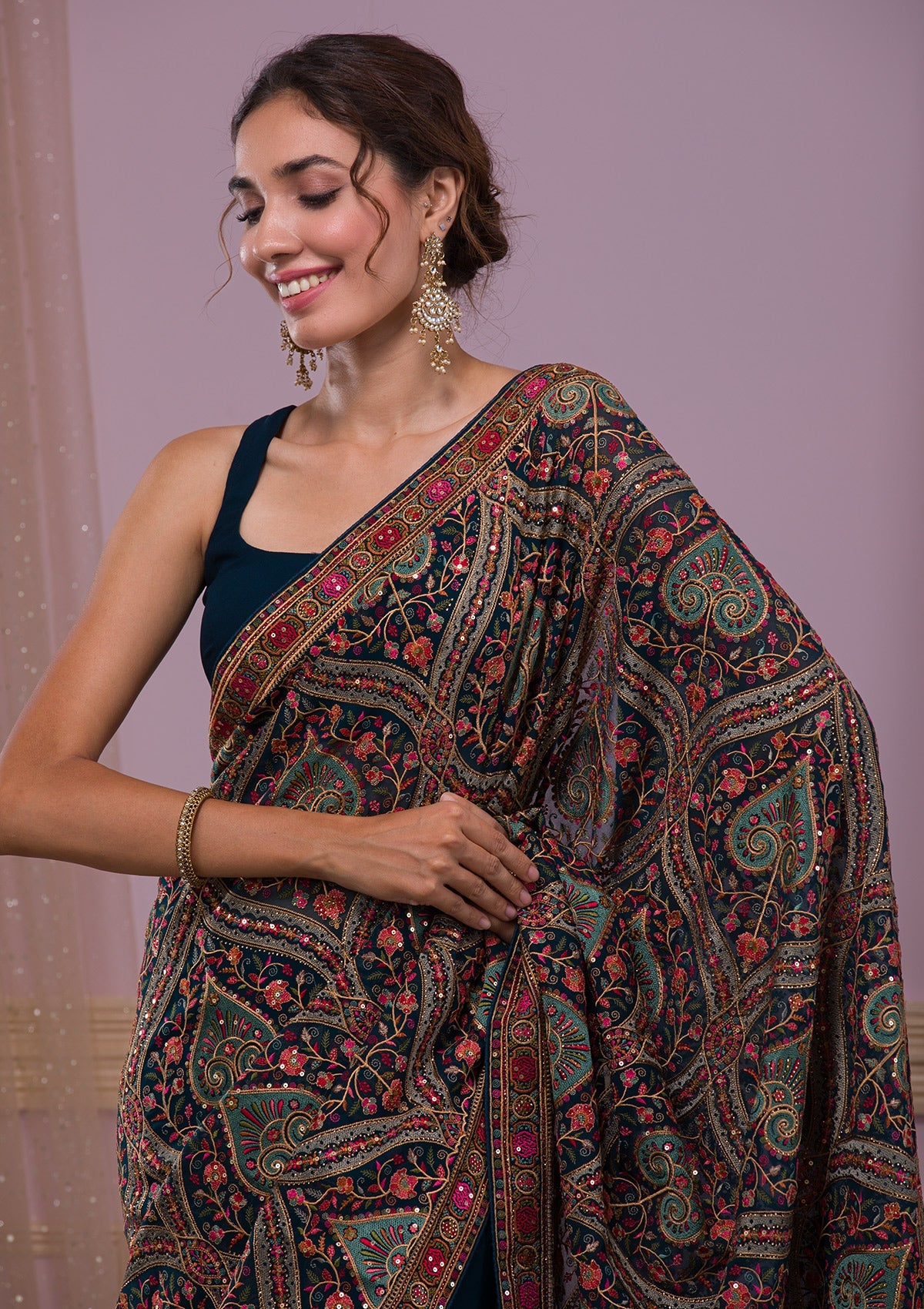Peacock Blue Threadwork Georgette Saree-Koskii