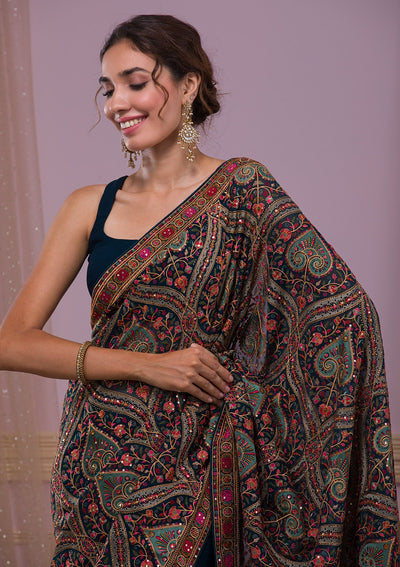 Peacock Blue Threadwork Georgette Saree-Koskii