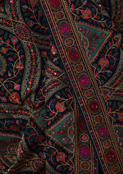 Peacock Blue Threadwork Georgette Saree-Koskii