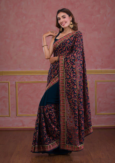 Peacock Blue Threadwork Georgette Saree-Koskii