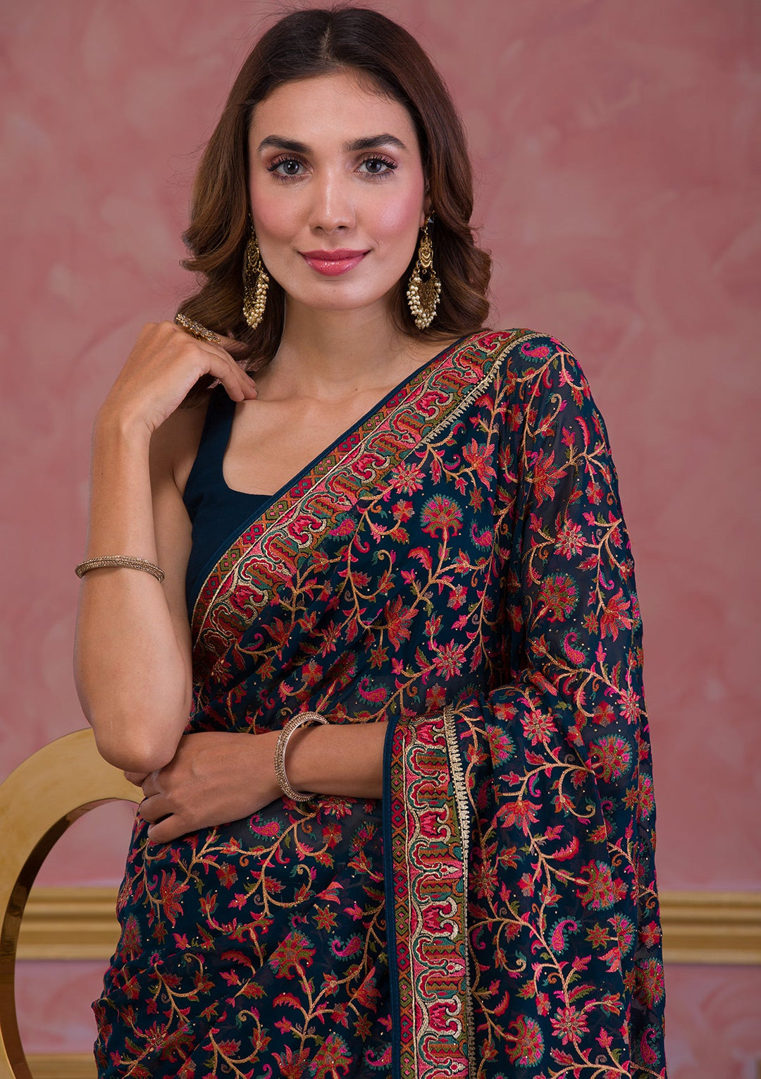 Peacock Blue Threadwork Georgette Saree-Koskii