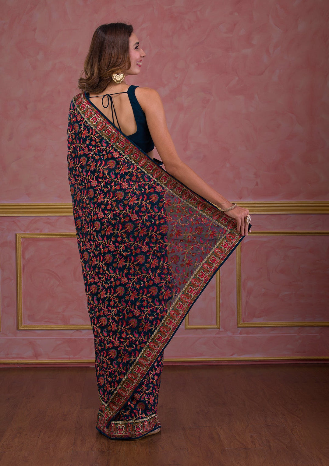 Peacock Blue Threadwork Georgette Saree-Koskii