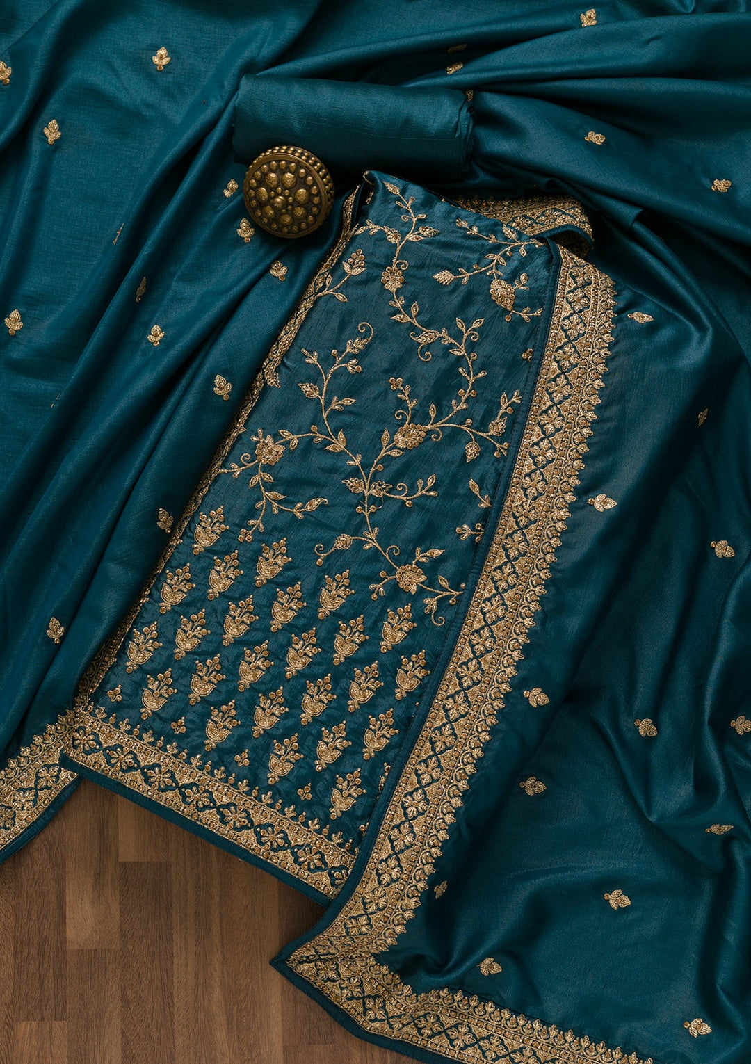 Peacock Blue Zariwork Art Silk Unstitched Salwar Kameez-Koskii
