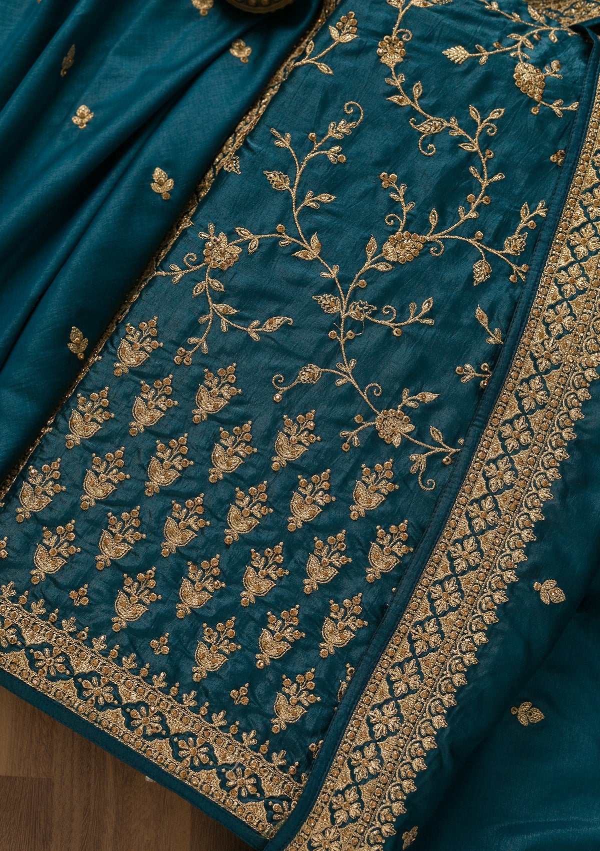 Peacock Blue Zariwork Art Silk Unstitched Salwar Kameez-Koskii