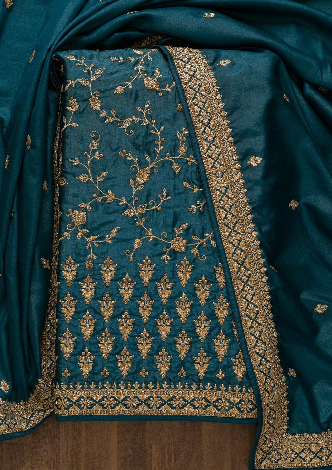 Peacock Blue Zariwork Art Silk Unstitched Salwar Kameez-Koskii