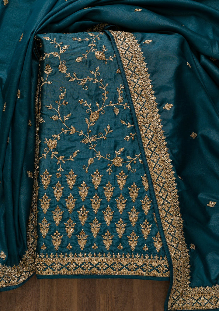 Peacock Blue Zariwork Art Silk Unstitched Salwar Kameez-Koskii