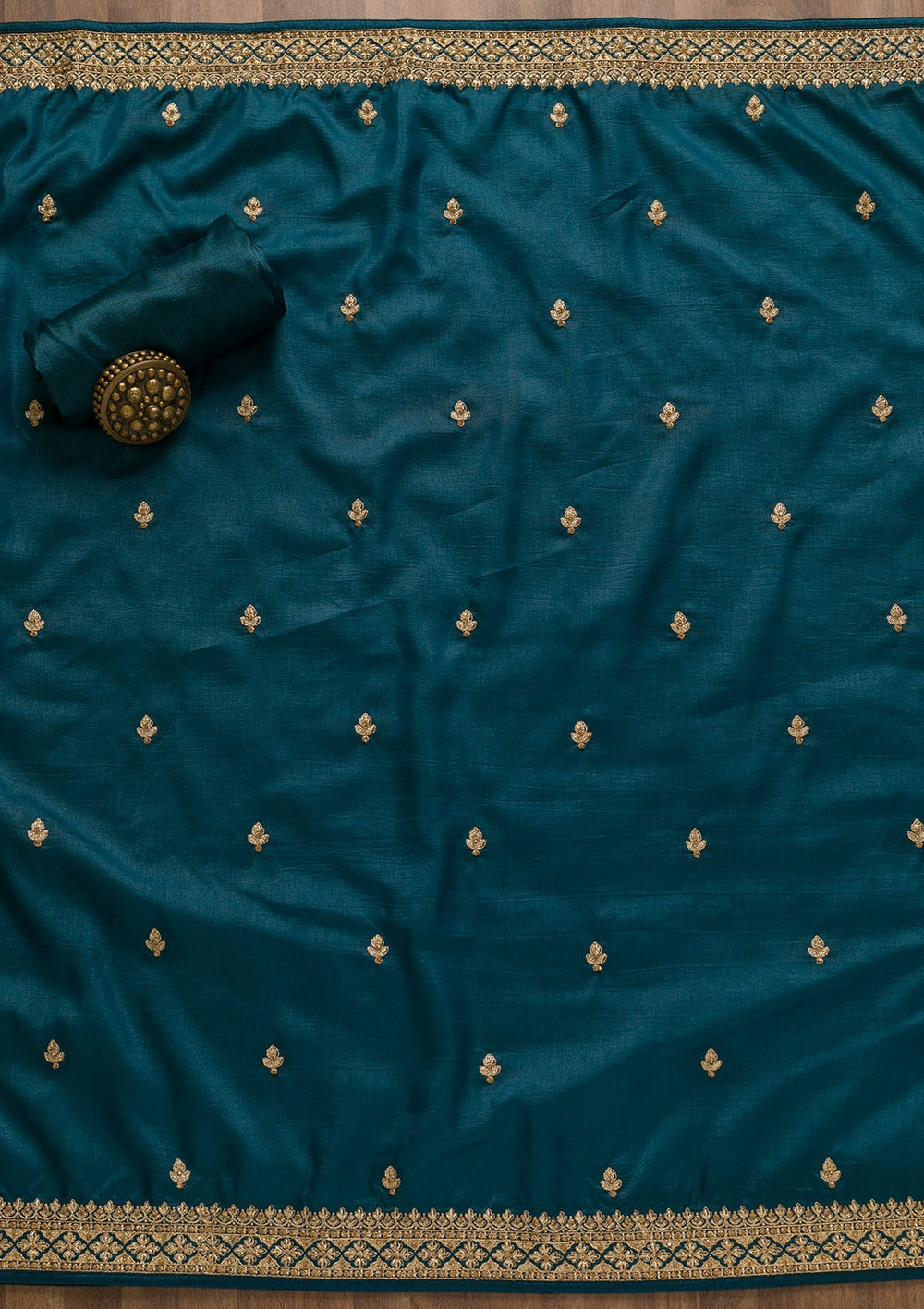 Peacock Blue Zariwork Art Silk Unstitched Salwar Kameez-Koskii