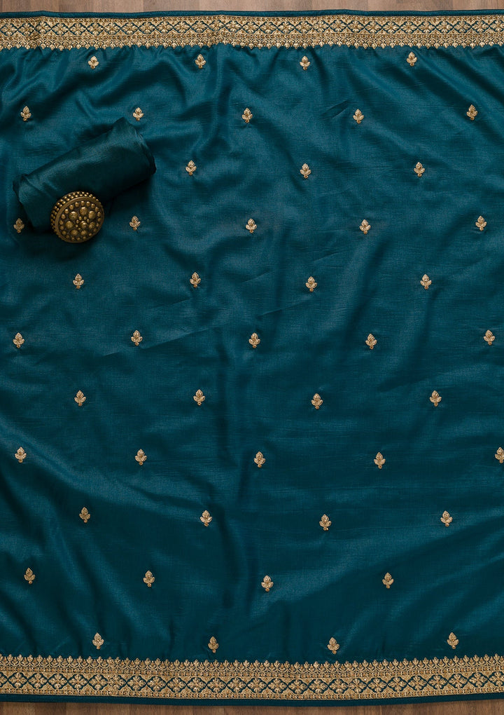 Peacock Blue Zariwork Art Silk Unstitched Salwar Kameez-Koskii