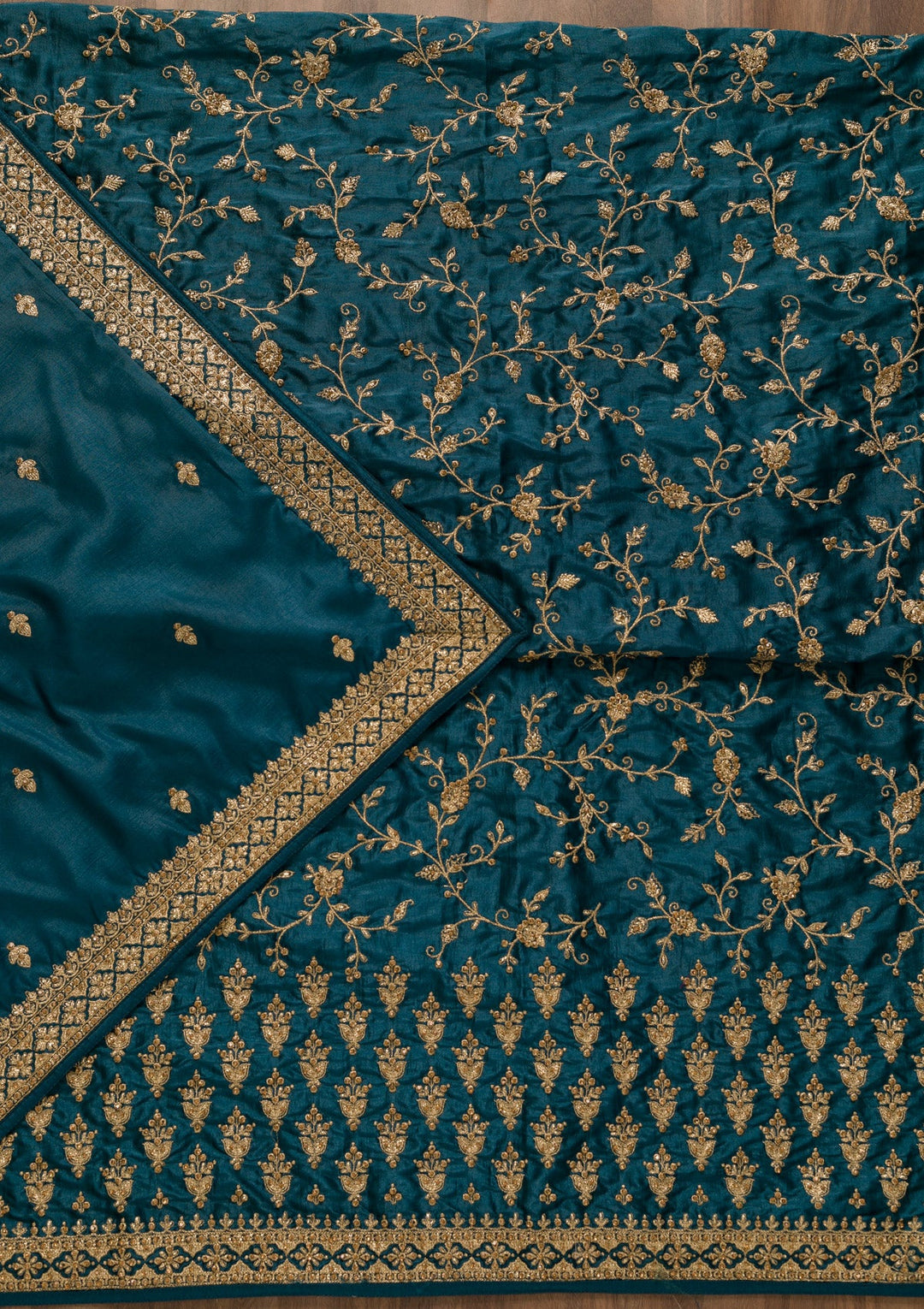 Peacock Blue Zariwork Art Silk Unstitched Salwar Kameez-Koskii